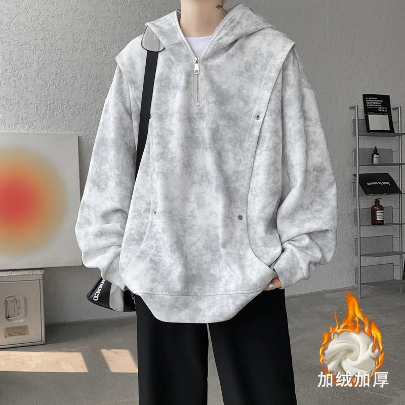 Threebooy Retro Tie-dye Printed Hoodie Men Fleece Warm Pullover Sweatshirts High Street Hip Hop Streetwear Oversized Unisex Hoodie