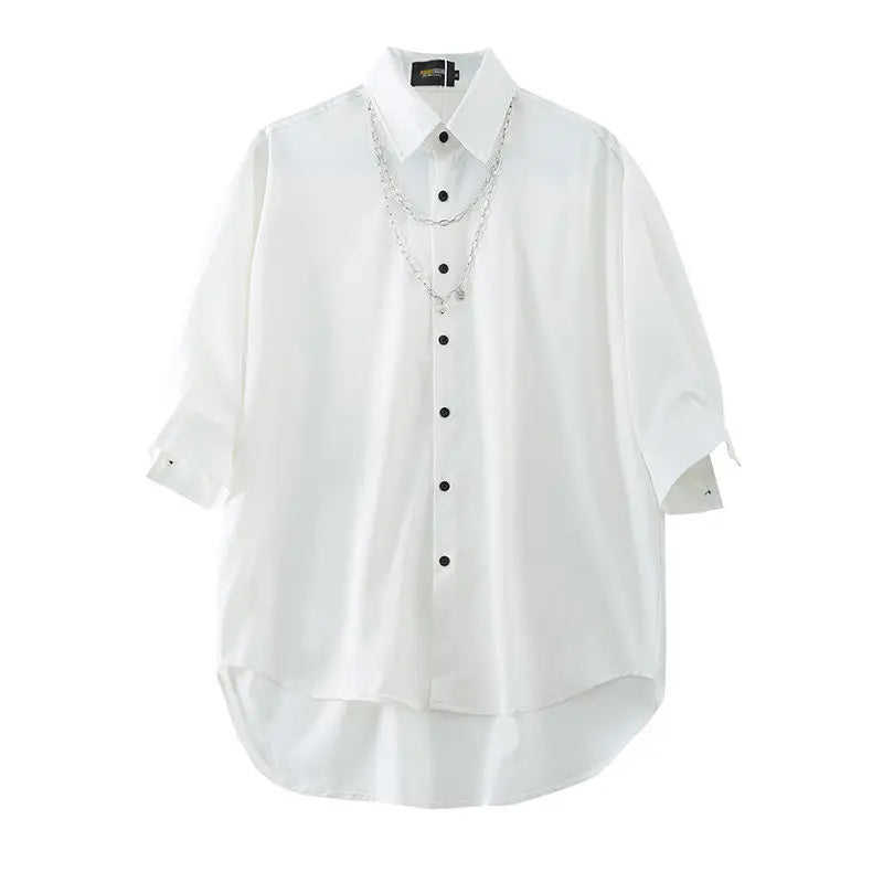 Threebooy Original Niche Necklace Short-sleeved Shirt Trend Oversize Street Simple Button Up Couples Lapel Shirt Men Summer Streetwear