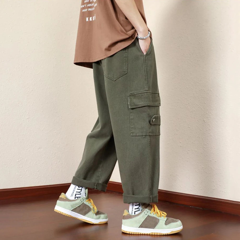 Threebooy Mens Casual Cargo Pants Hip-Hop Solid Color High Street Retro Loose Japanese Straight Pants Spring and Autumn New Style