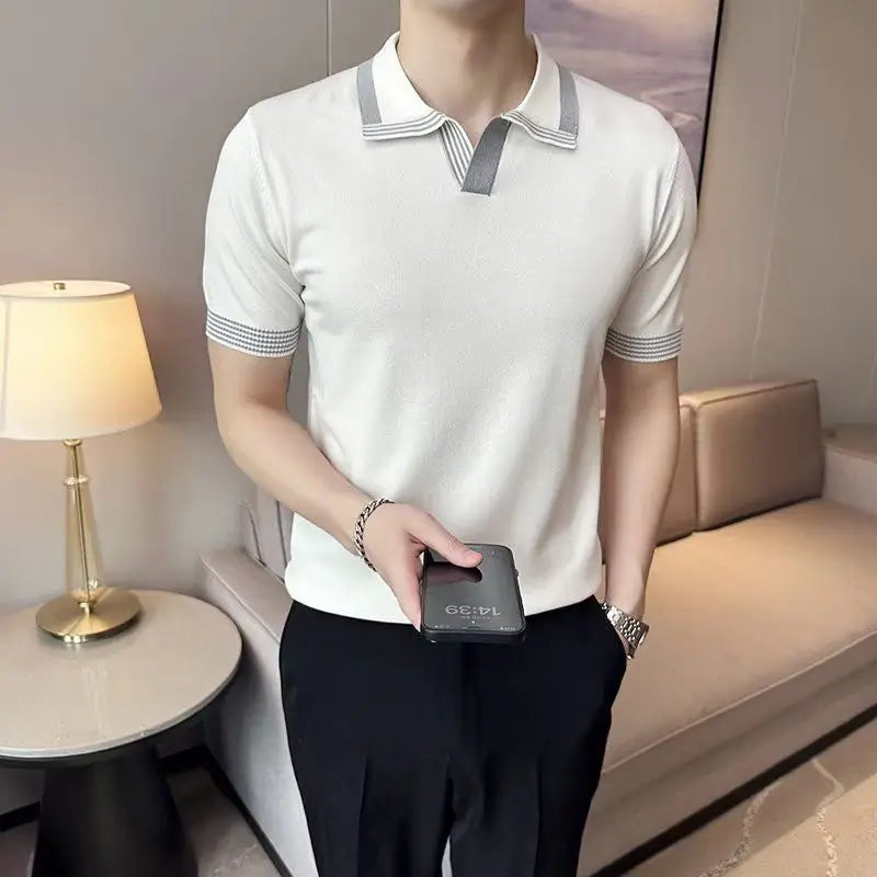 Threebooy  Japanese Retro Short-sleeved T-shirt Men's Polo Shirt Ice Silk Knitted Thin New Business Casual T-shirt Top