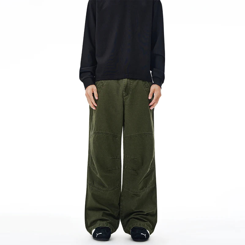 Threebooy 100% Cotton Autumn Men's Loose Trousers Oversized Fashion Spliced Hip Hop Streetwear Wide Legs Baggy Cargo Trousers