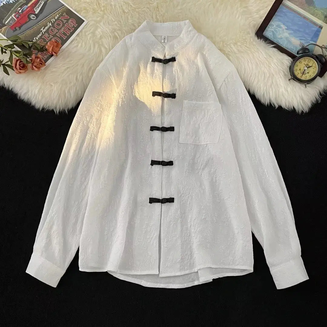 Threebooy Chinese Style Blouse Buckle Stand Collar Shirt Korean 2025 Summer New Trend Embroidered Pattern Vintage Shirt Jacket