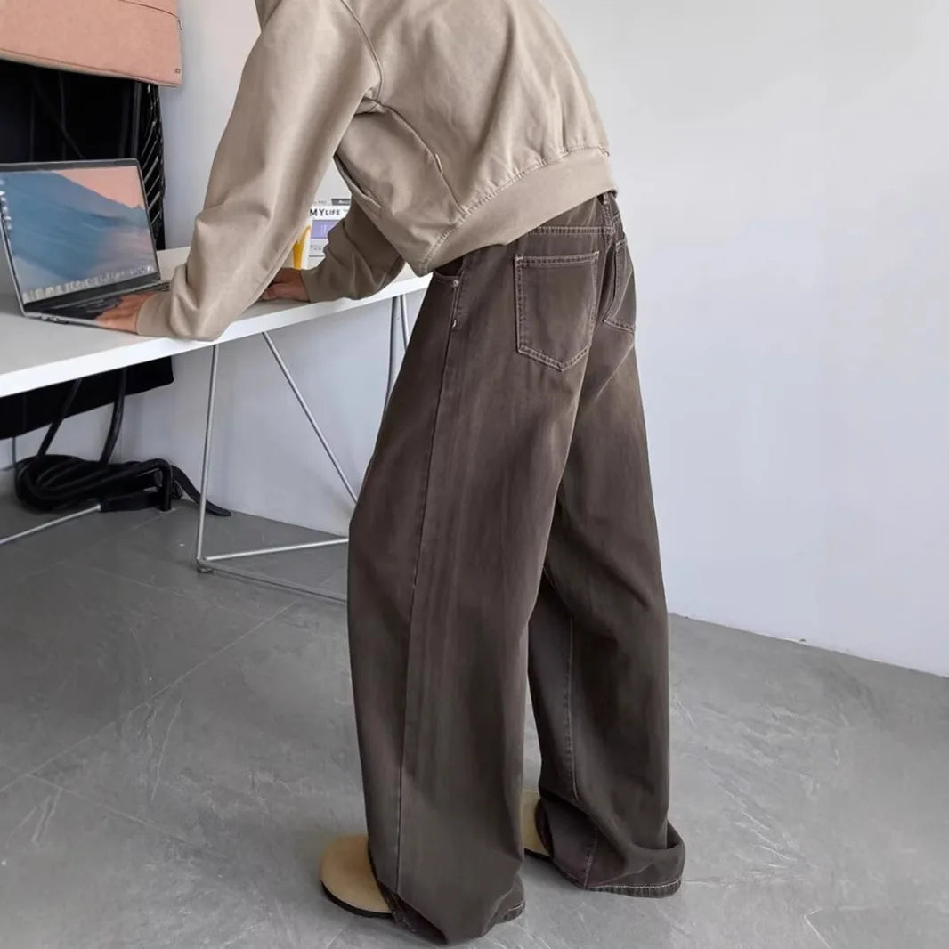 Threebooy Vintage Jeans Men Distressed Relaxed Straight Wide Leg Casual Trousers