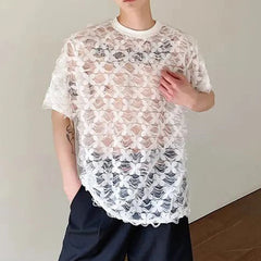 Threebooy Summer Men's O Neck T-shirt Loose Short Sleeve Sexy Sheer Lace Tee Shirts New Fashion 2024 New Trendy Menwear Unisex Pullover