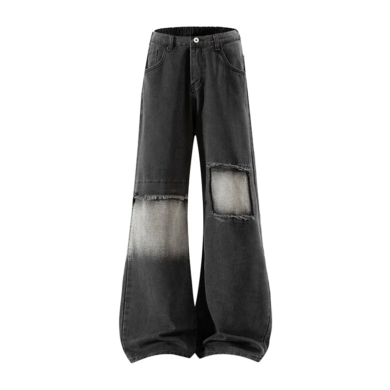 Threebooy  Summer New Men's Ripped Patchwork Jeans Straight American Style Wide-Leg Trousers Handsome Fashion Clothing