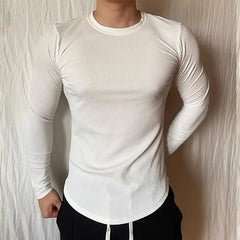 Threebooy  Sports Long-sleeved T-shirt Fitness Tights Slim Elastic Striped Round Neck Casual