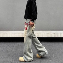 Threebooy American retro men and women trend personalized embroidered straight leg washed jeans couple spring and autumn casual pants y2k