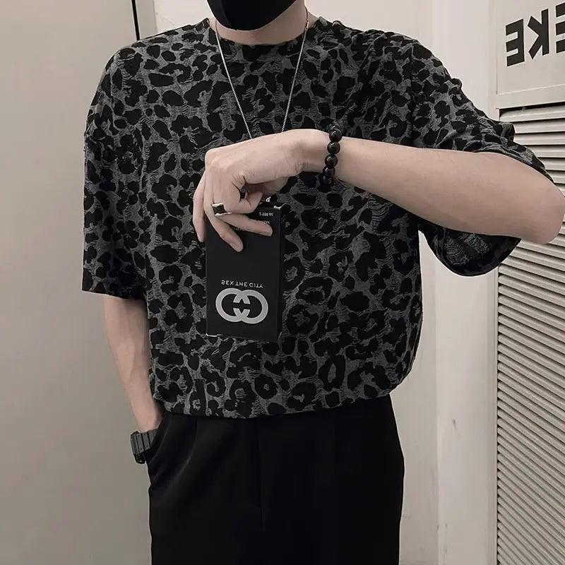 Threebooy Leopard Print Hollow Five-point Sleeve T-shirt Men's Summer Ice Silk Cool Short-sleeved 2025 New Men's Fashion Trend Top Chic