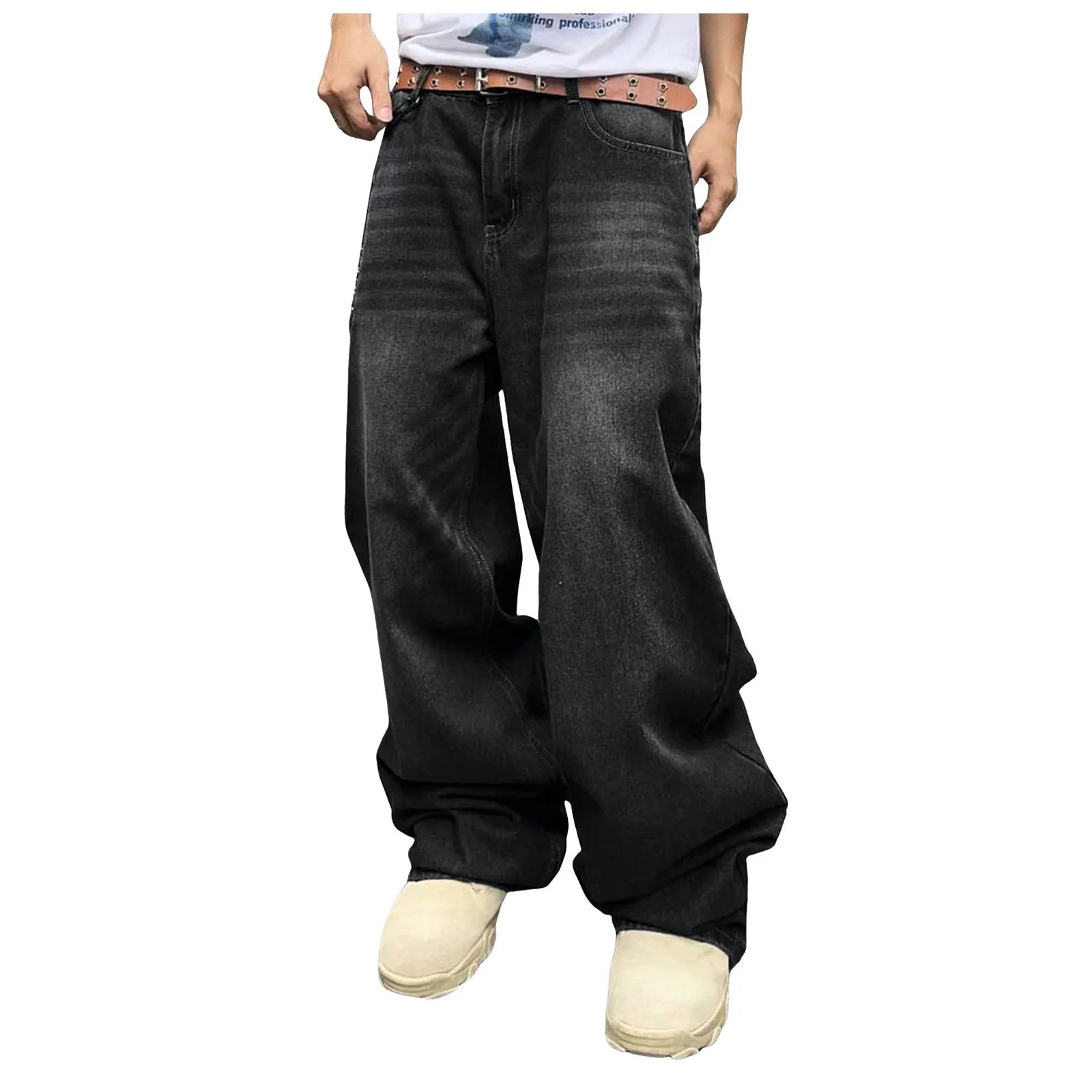 Threebooy Men Baggy Denim Pants Wide Leg High Waist Belt Casual Trousers Loose Plus Size Stylish Streetwear Men's Hip Hop Streetwear