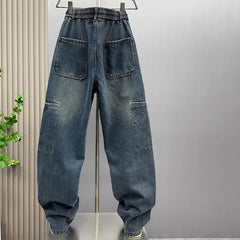 Threebooy Autumn Vintage Cool And Stylish Vintage High Street Casual Men'S Curved Knife Jeans Drawstring Pants Loose Straight Leg Pants