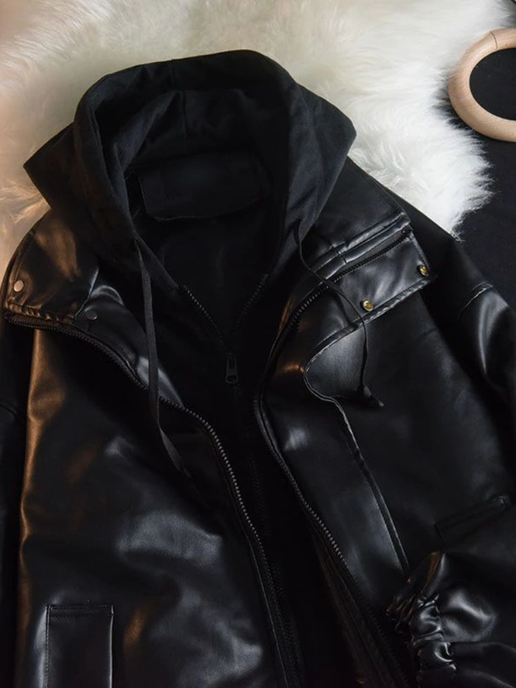 Threebooy Vintage Hooded Fake Two Pieces PU Jacket Autumn Winter Hip Hop Streetwear American Men Women Punk Leather Bomber Jacket