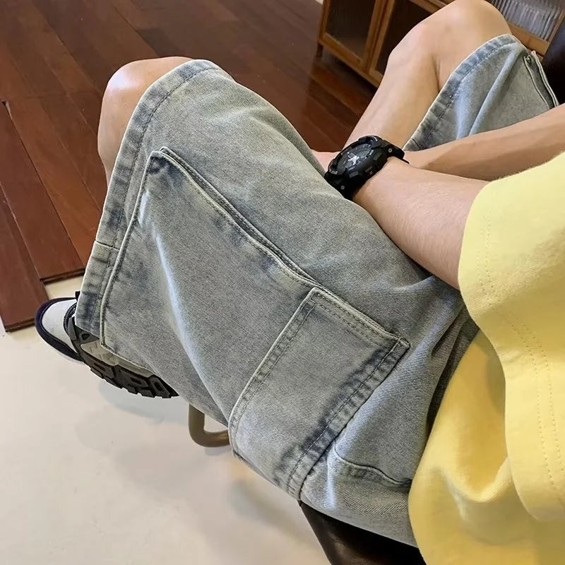 Threebooy Summer Denim Shorts Men Oversized Vintage Pocket Cargo Shorts Men Japanese Streetwear Hip Hop Loose Wide Leg Shorts Mens Jeans