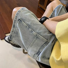 Threebooy Summer Denim Shorts Men Oversized Vintage Pocket Cargo Shorts Men Japanese Streetwear Hip Hop Loose Wide Leg Shorts Mens Jeans