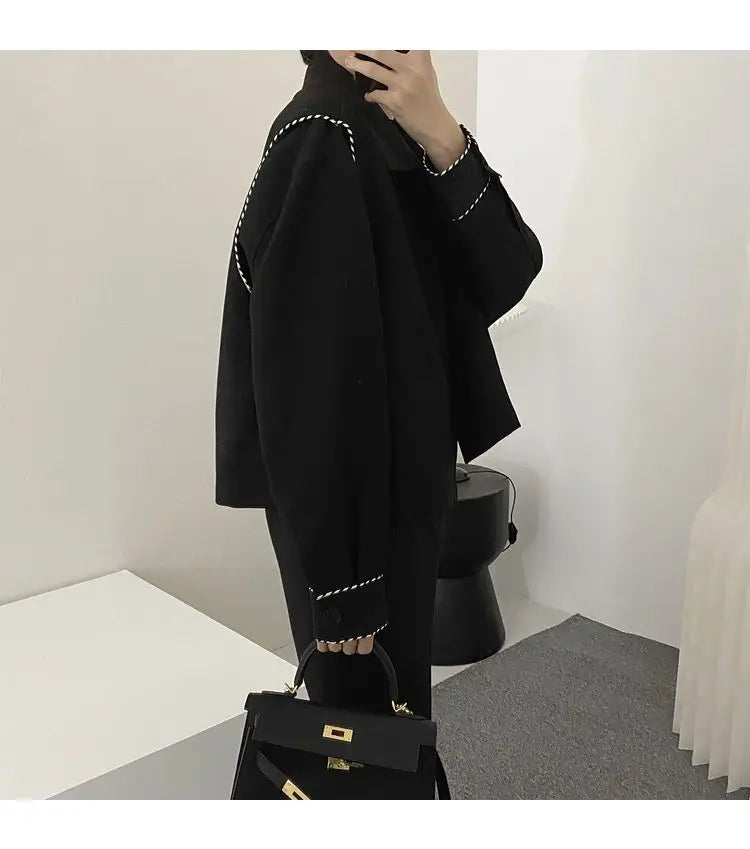 Threebooy Fashion Black Stitching Jacket Men's Buttons Spring Autumn New Loose Turndown Collar Single-breasted Long Sleeves Tops Jackets