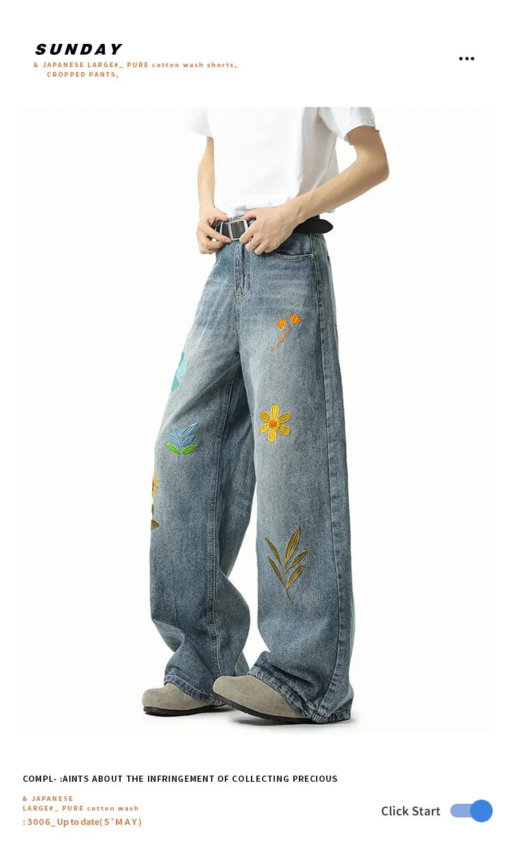 Threebooy Jeans Men Washed Embroidered Jeans Loose Fit Straight Wide Leg Casual Denim Pants Fashion Trendy Streetwear Trousers Comfort