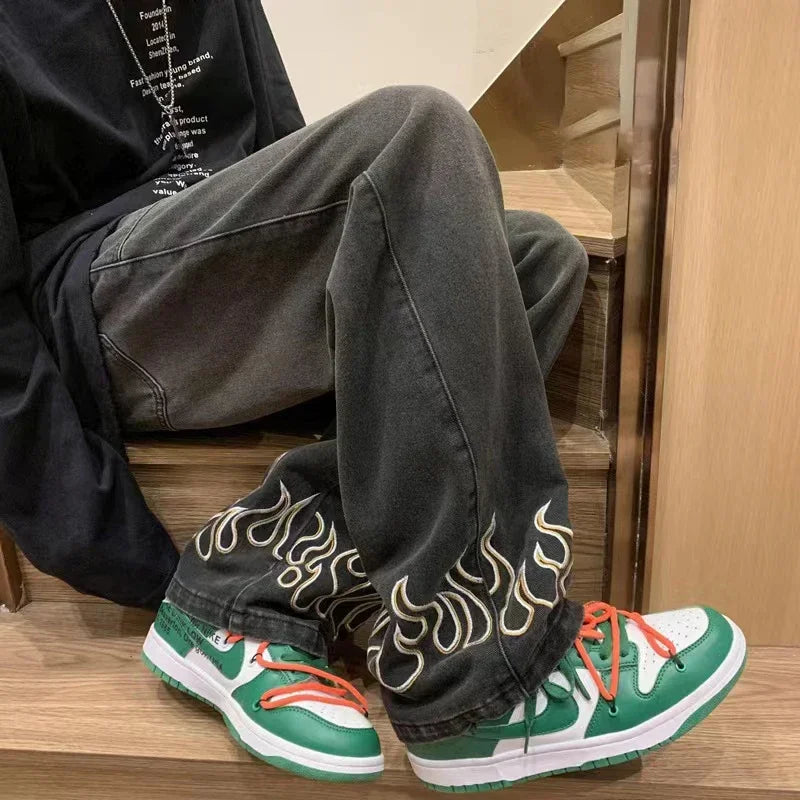 Threebooy  Men's Fashion Flame Embroidery Jeans Neutral Wide Denim Pants Baggy Straight Youth Casual Hip Hop Trousers Male Trendy Brand