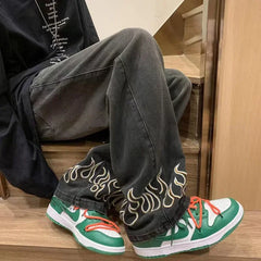 Threebooy  Men's Fashion Flame Embroidery Jeans Neutral Wide Denim Pants Baggy Straight Youth Casual Hip Hop Trousers Male Trendy Brand
