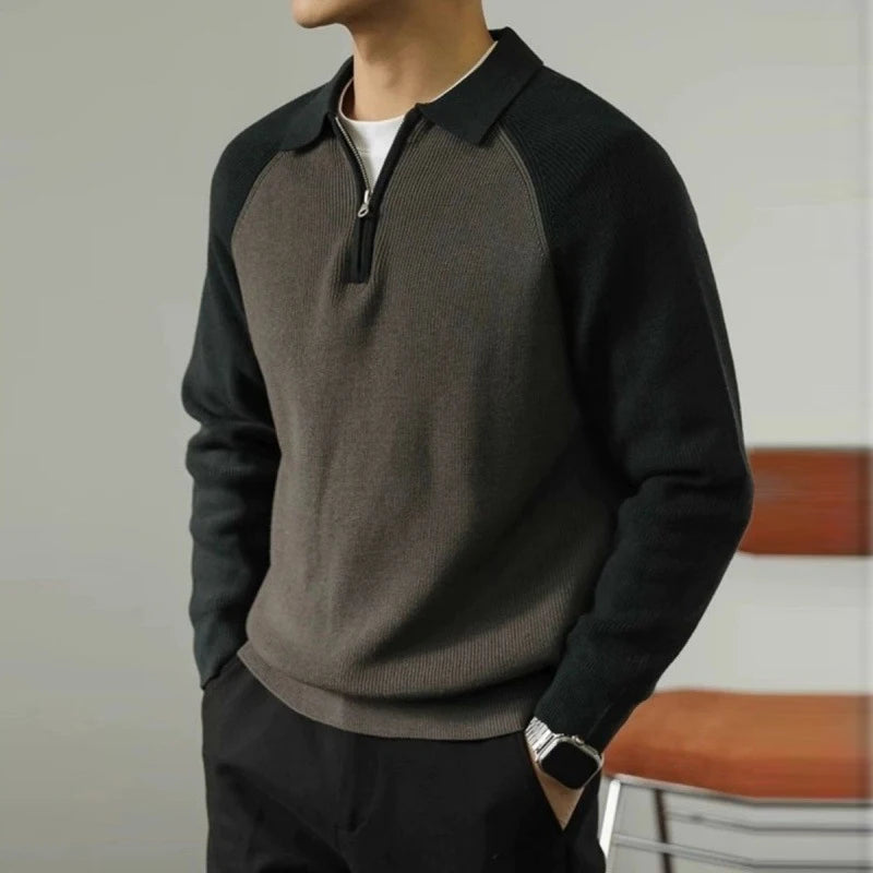 Threebooy  New American Chic Men Polo Sweater Luxury Trendy Business Zip-up Knit Solid Color Pullover Leisure Slim-fit Long Sleeve Knitwear
