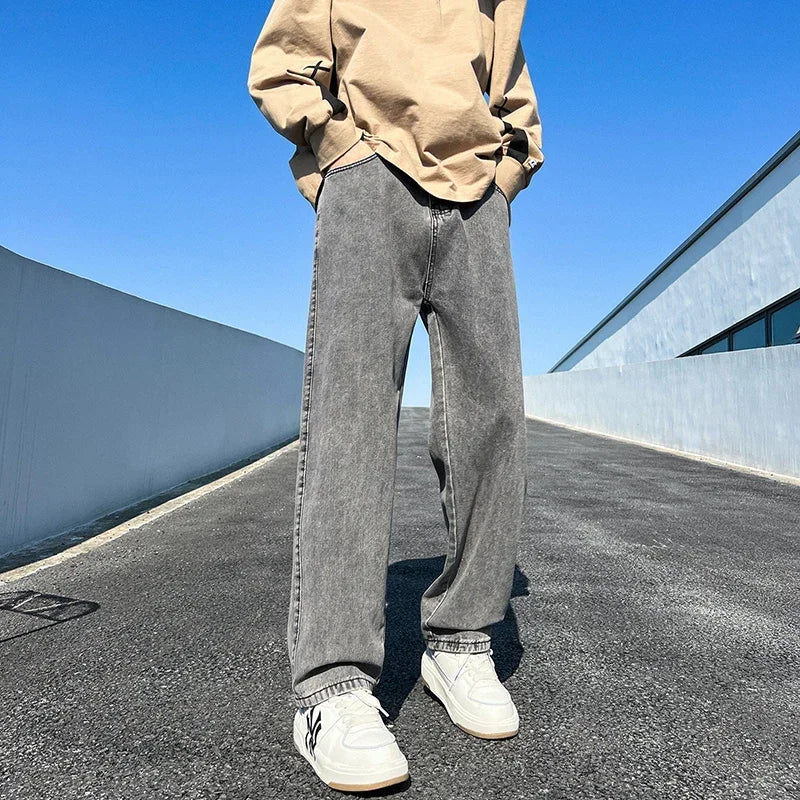 Threebooy  Men's Jeans Spring Autumn Extend Straight Vintage Blue Casual Baggy Jeans Korean Trousers Classic Wide Leg Fashion Denim Pants