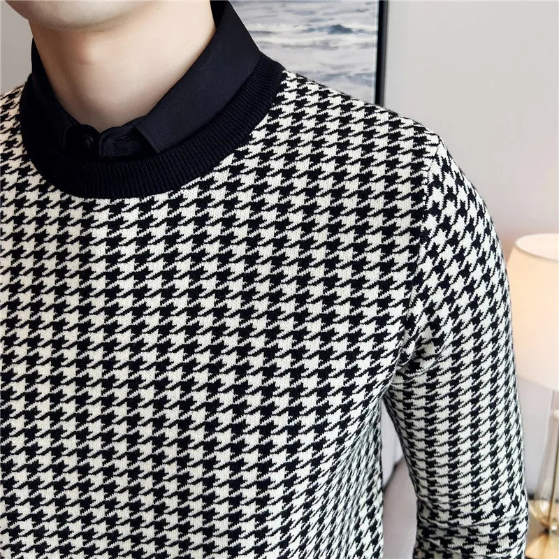 Threebooy  Brand Clothing Men Winter Thermal Knitting Sweater/Male Slim Fit High Quality Shirt Collar Fake two Piece Pullover Sweatres