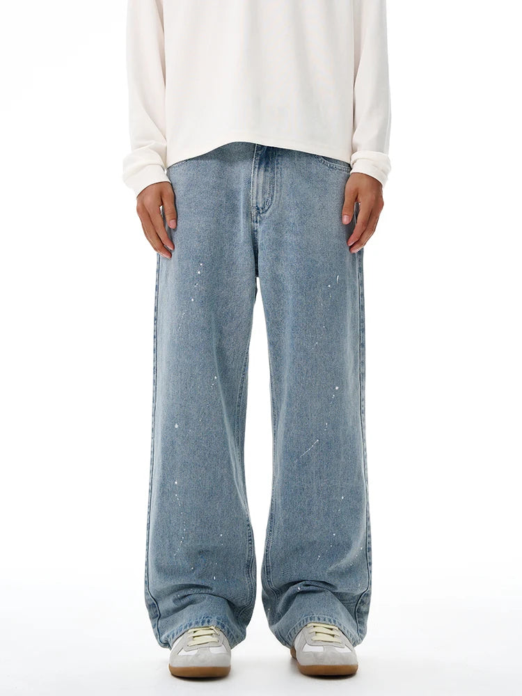 Threebooy Fashion Graffiti Black Loose Wide-leg Jeans Men's Autumn New American Simple Basic Wash Denim Pants Loose Straight Trousers