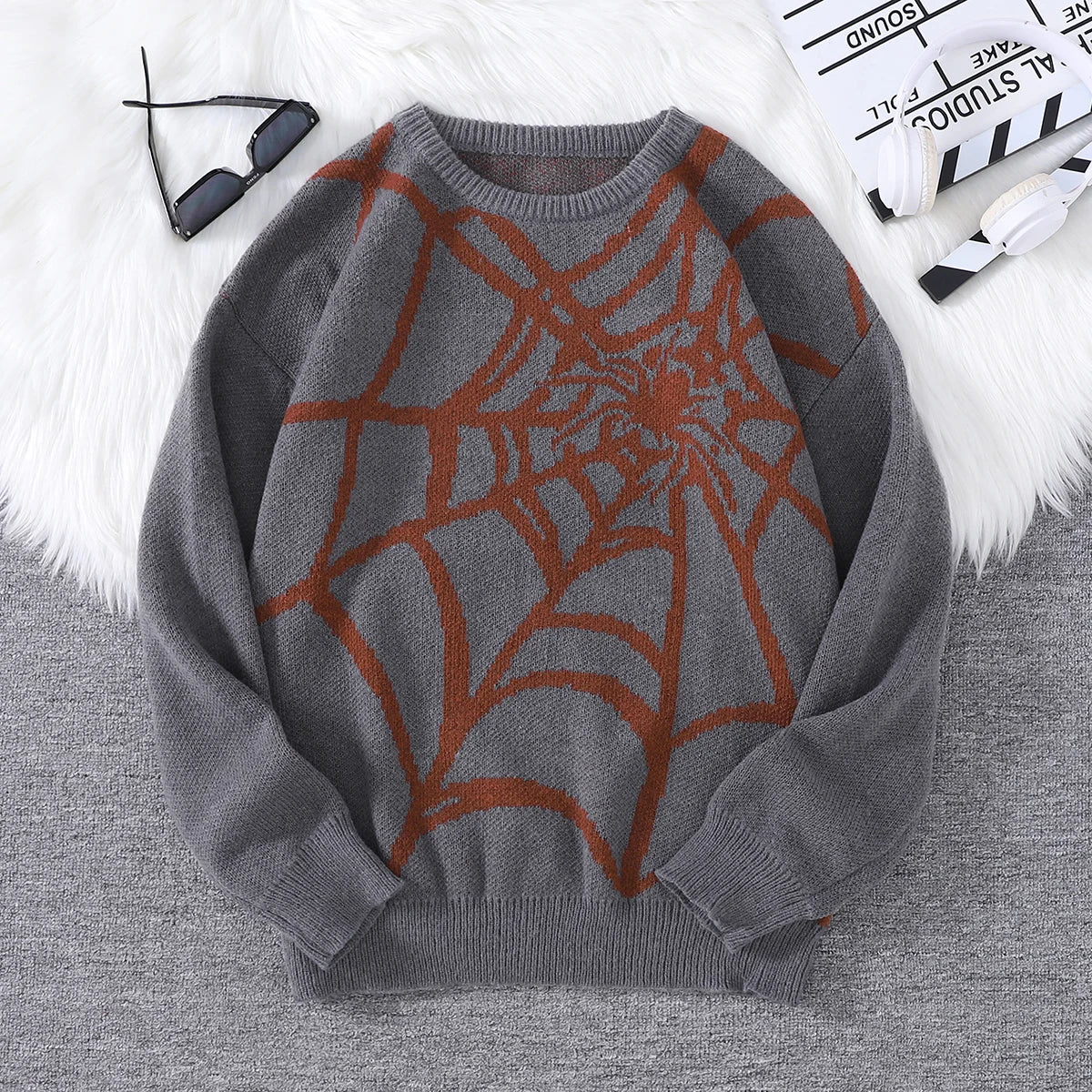 Threebooy  New Popular Autumn and Winter Spider Web Jacquard Pattern Pullover Sweater Casual Round Neck Knitted Men's Pullover