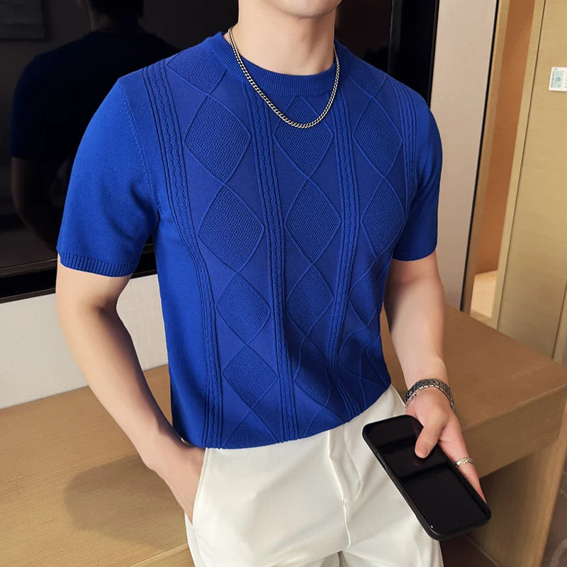 Threebooy  Summer Breathable T-Shirts for Men Korean Luxury Clothing O-Neck Short Sleeve Knitted Men's T Shirt Fashion Hollow Tops Tees 4XL