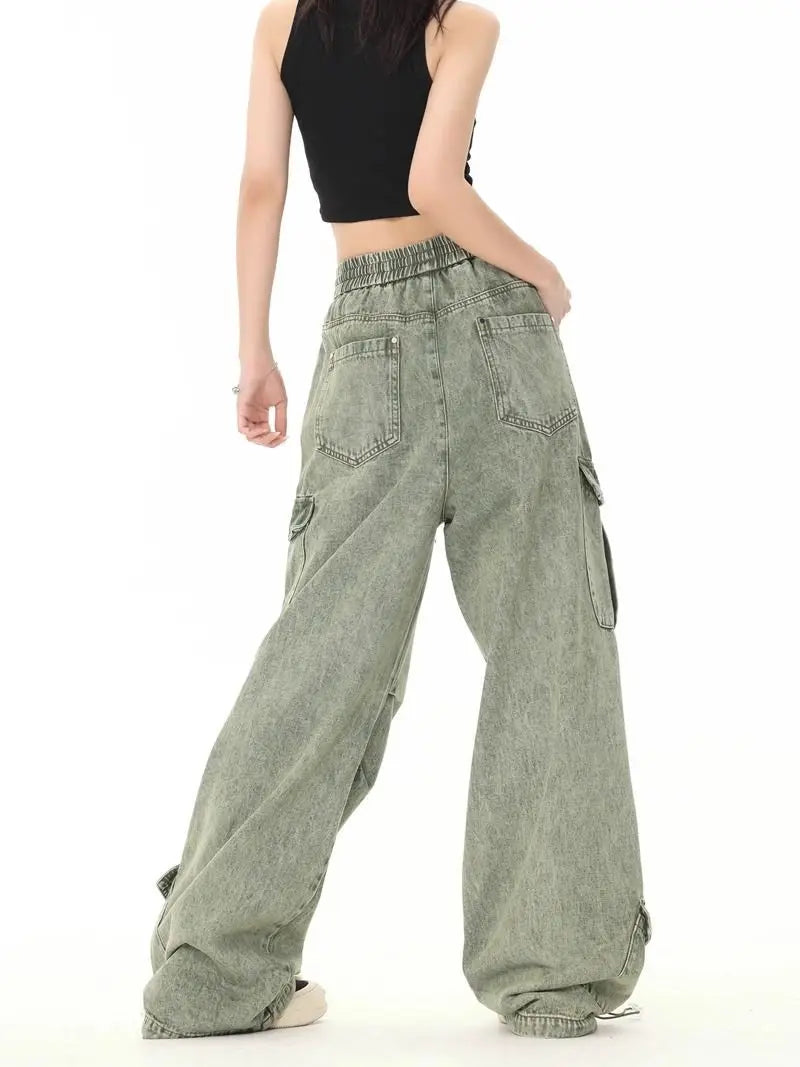 Threebooy Hip hop retro high street men and women trendy personalized washed workwear jeans for couples loose straight leg casual pants