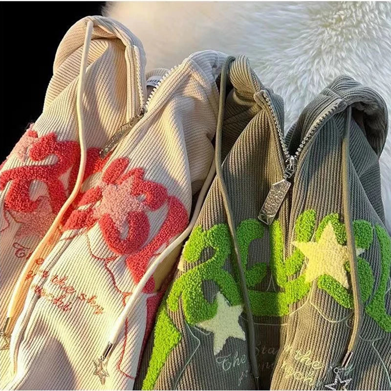 Threebooy Fashion Embroidery Zip Up Hoodies Women Autumn Long Sleeve Tops Loose Hood Shirt Harajuku Y2K Clothes Female Sweatshirt Jacket