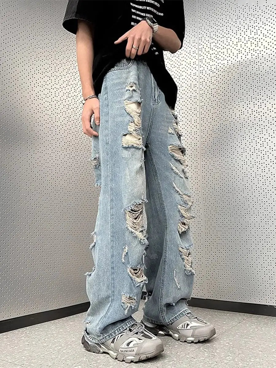 Threebooy American hip-hop straight leg men and women trend summer personality destruction jeans couple loose retro Harajuku casual pants