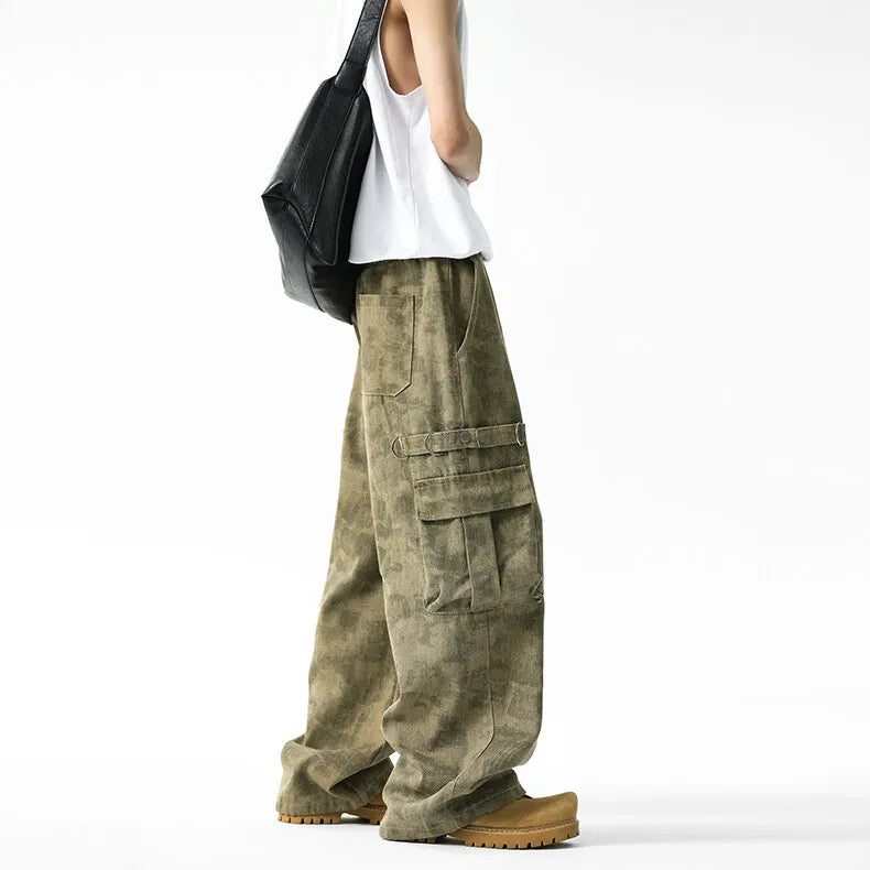 Threebooy Men Military Camo Workwear Cargo Pants Elastic Waistband Drawstring Tactical Joggers Loose Straight Leg Big Side Pockets Outdoor
