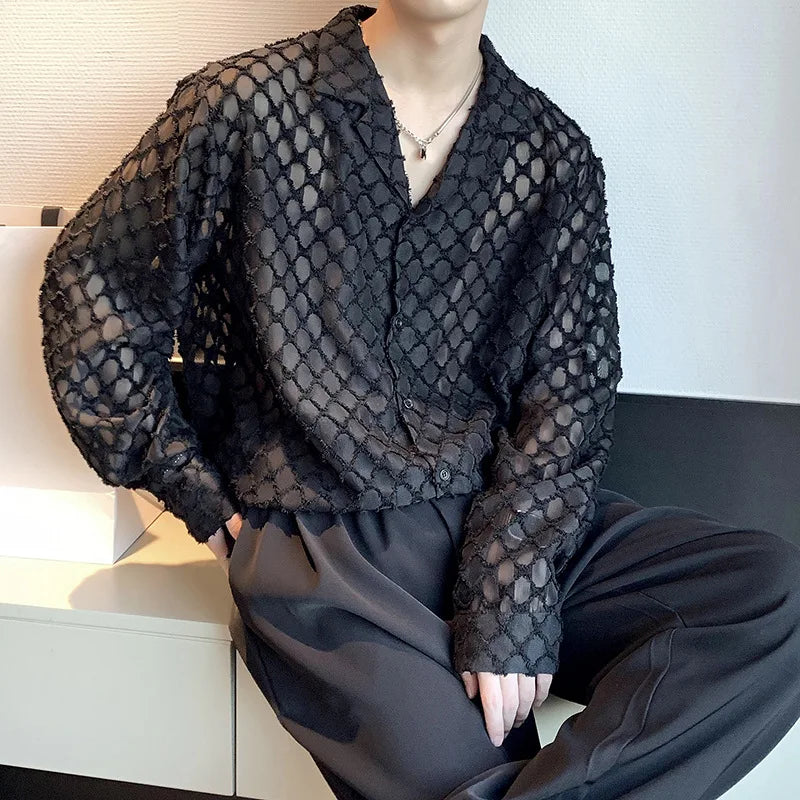 Threebooy  Early Autumn Mature Design Hollow Long-sleeved Shirt for Men's Korean Style Handsome Drooping Hairstylist