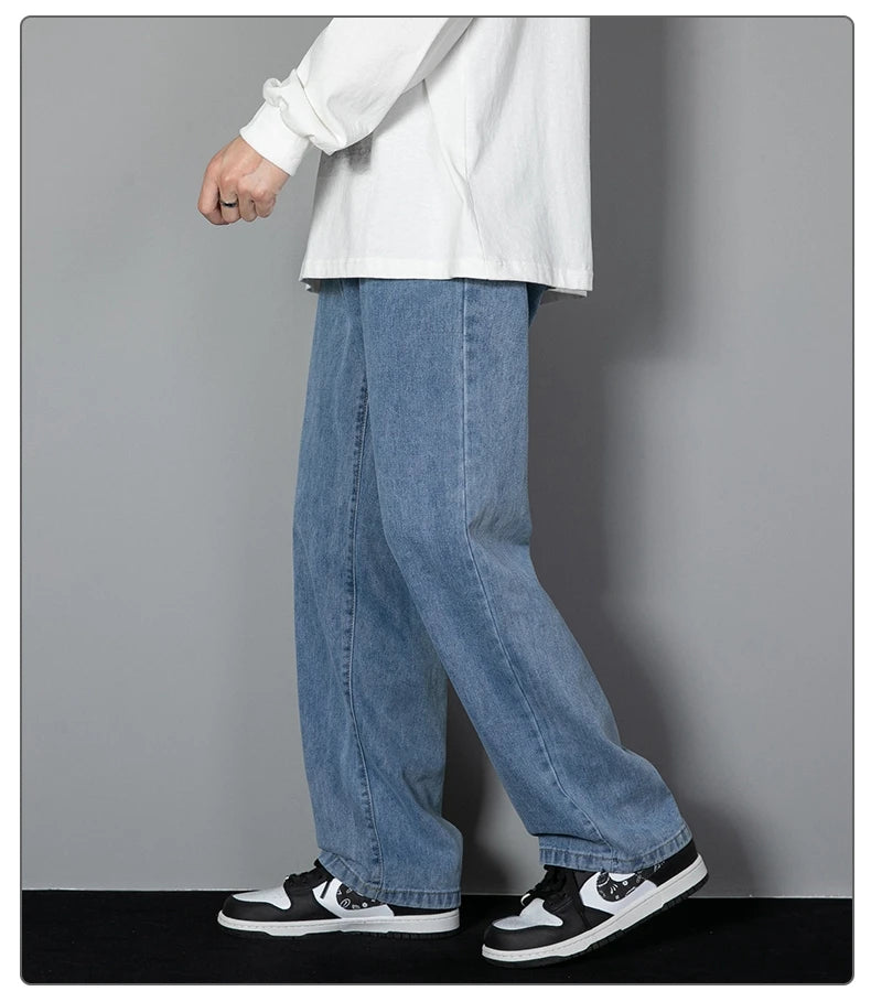 Threebooy 2025 New Korean Men's Casual Long Jeans Classic Man Straight Denim Wide-leg Pants Solid Color Light Blue Grey Black