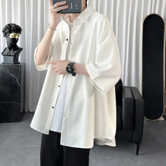 Threebooy Summer Cool Men Short-sleeved Shirt Solid Color Fashion Plicated Casual Loose Button Shirt Male Clothing Tops
