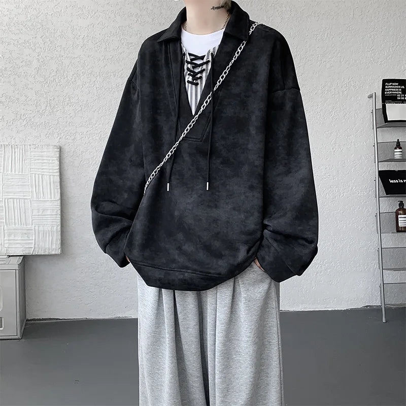 Threebooy Collar Sweatshirt Mens Layered V Neck Pullover Fake Two Piece Streetwear Casual Hoodie Jacket Fall 2025 New Tie Dye Design