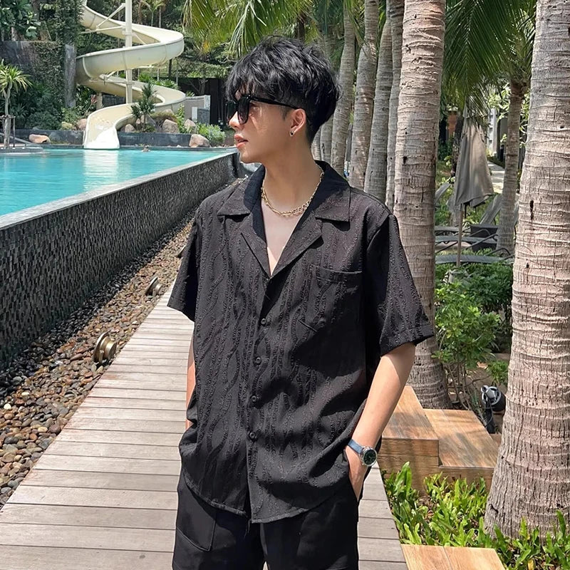 Threebooy  Summer Men's Clothing Light Luxury Jacquarded Suit Collar Shirts Streetwear Button-down Short Sleeve Retro Leisure Fashion M-3XL