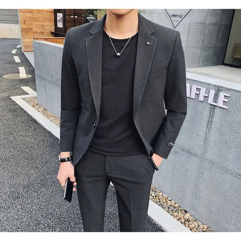Threebooy  British Style Men's Set Handsome Trendy Fashion Casual Jacket Korean Version Formal Slim Fit Black Suit Wedding