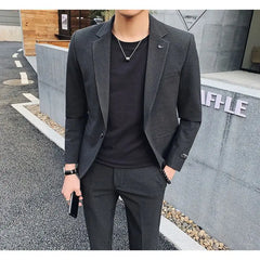 Threebooy  British Style Men's Set Handsome Trendy Fashion Casual Jacket Korean Version Formal Slim Fit Black Suit Wedding