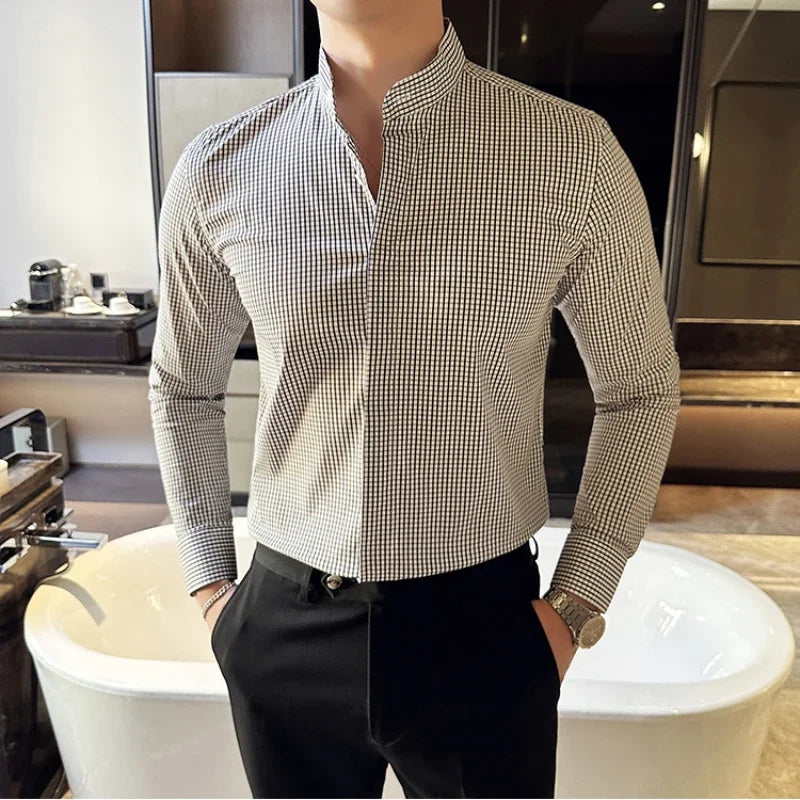 Threebooy  Stand Collar Luxury Shirts For Men Clothing High Quality Camisa Masculina Slim Fit Mens Dress Shirts Formal