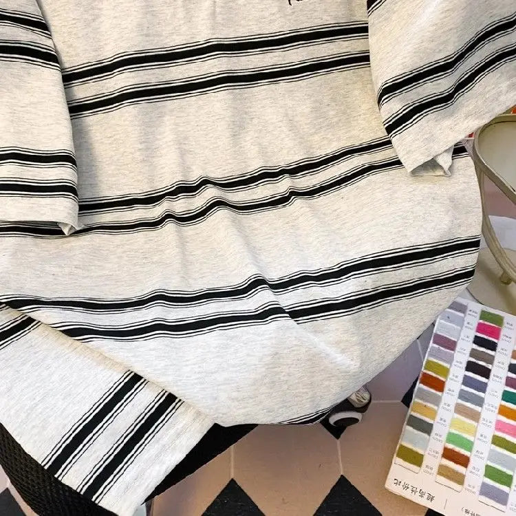 Threebooy High street hip-hop men and women trendy personalized striped polo short sleeved couple summer loose retro casual Harajuku top