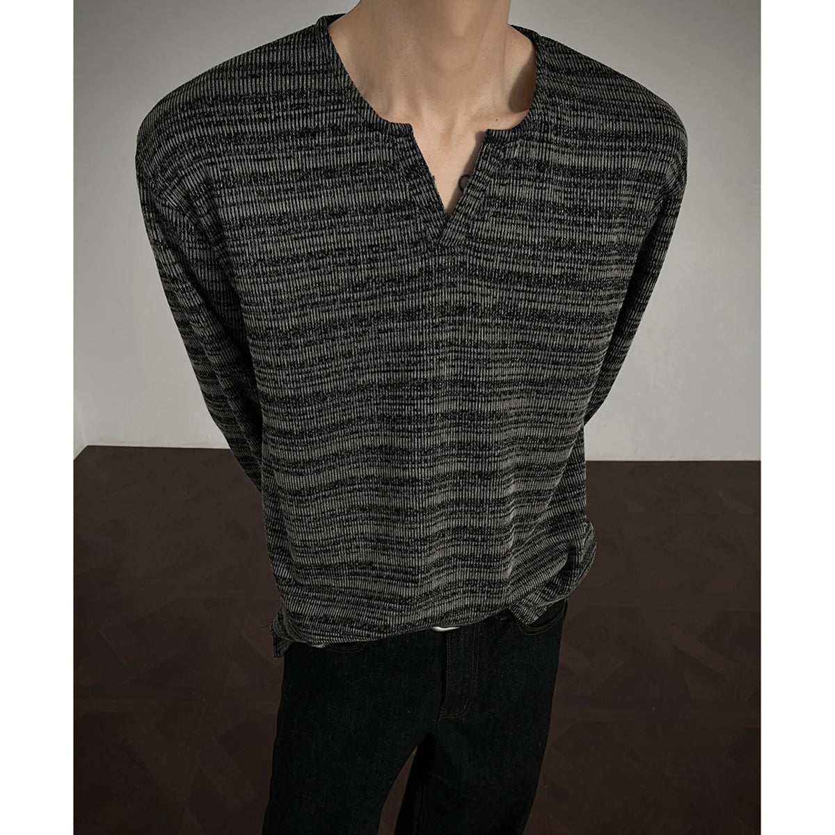 Threebooy 2025 New Fall Mens Long Sleeve Tshirt Soft Comfortable Casual Knitted Shirt V Neck Top Fashion Mens Clothing Teen Boys Clothing