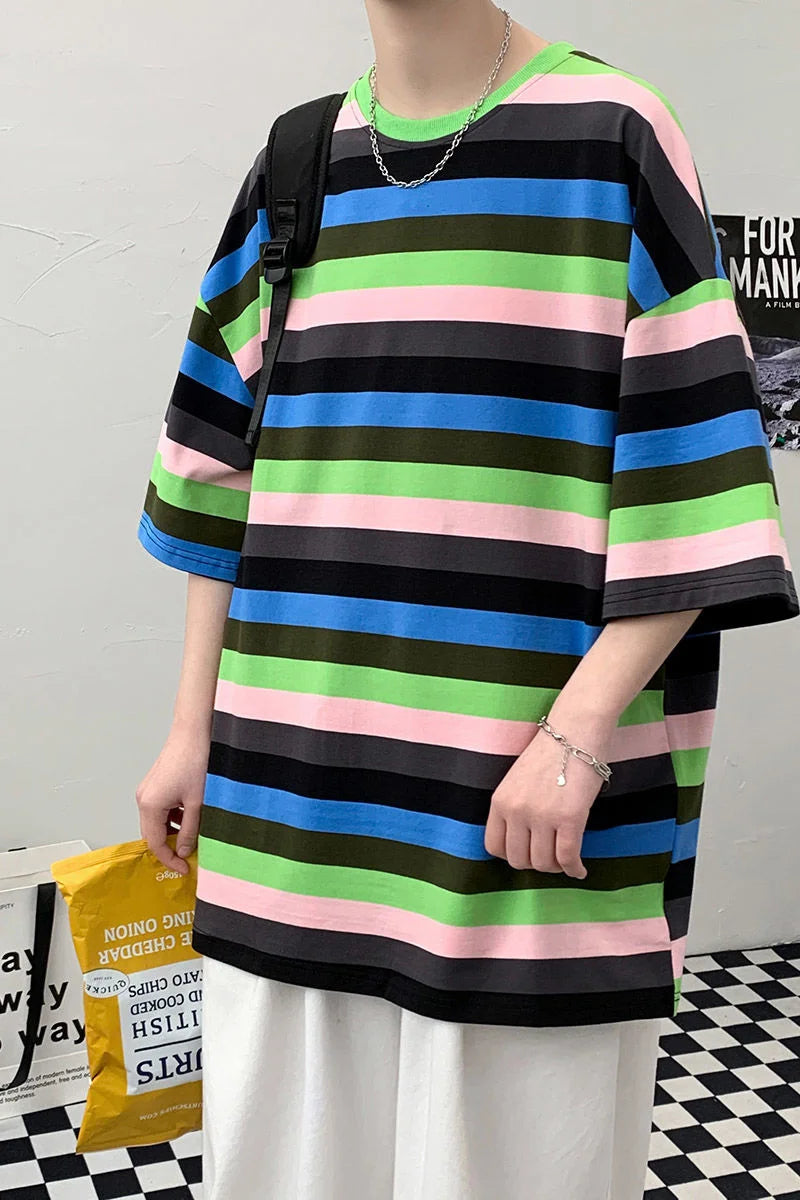 Threebooy Contrast Color Striped Casual T-shirt Men All-match Fashion Loose Top Classic Five-point Sleeves O-neck Men's Clothes Oversize