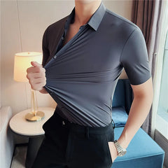 Threebooy High Quality Summer Elastic Ice Silk Short Sleeve Shirts Men Clothing Simple Luxury Slim Fit Business Casual Formal Wear Blouses