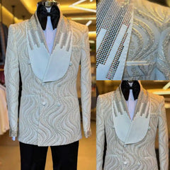 Threebooy  Delicate Jacquard Men Suit Slim Fit 2 Pieces Jacket Pants Shawl Lapel Groom Wedding Tuxedos