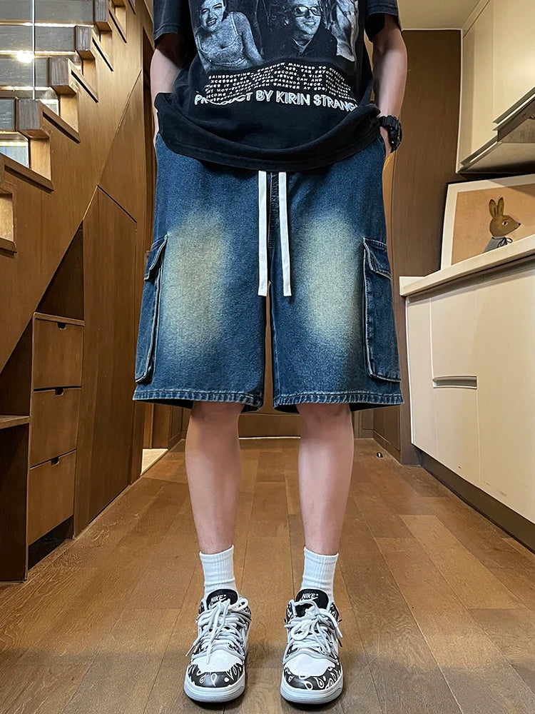 Threebooy  Summer Men's Cargo Denim Shorts Baggy Straight Fashion Casual Wide Leg Short Pants Big Pocket Beach Vacation Short Jeans Male