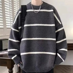 Threebooy  Autumn Striped Knitted Round Neck Sweaters For Man High Street Fashion Pullovers Knitwear Y2K Vintage Long Sleeve Pull Homme