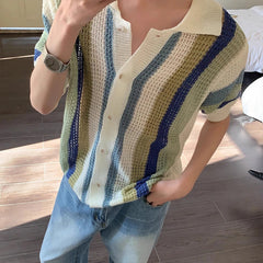 Threebooy New Trend Men Striped Cardigan Tops Vintage Light Luxury Hollow Out Knitted Shirts Lazy Style Summer Casual Short Sleeve Blouse