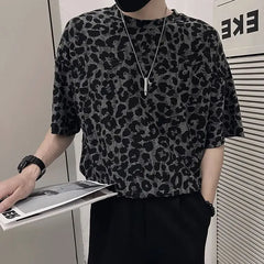 Threebooy Leopard Print Hollow Five-point Sleeve T-shirt Men's Summer Ice Silk Cool Short-sleeved 2025 New Men's Fashion Trend Top Chic