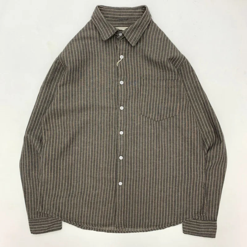 Threebooy  Autumn Cotton Linen Striped Shirt For Men American Retro Breathable Workwear Tops Simple Long Sleeved Loose Cargo Shirt Jacket