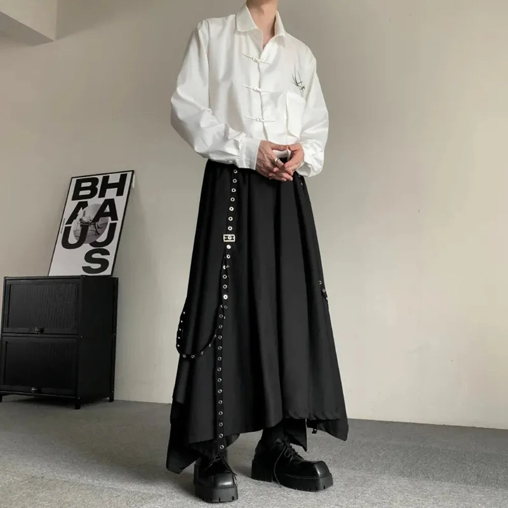 Threebooy Mens Gothic Rope Belt Decorated Irregular Skirt Pants Genderless Fashion Japanese Style Niche Dark Samurai Pants Hakama Unisex